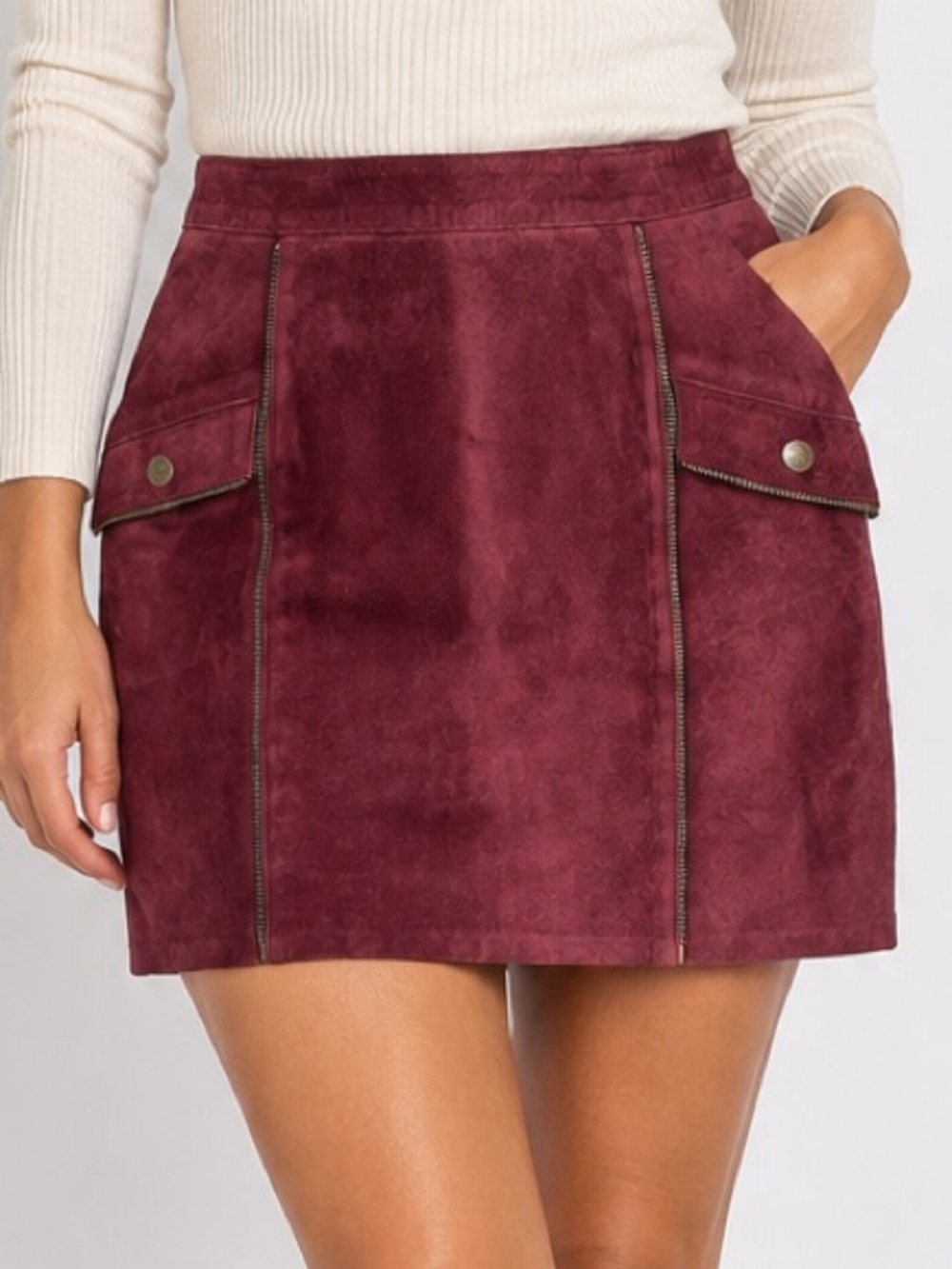 Vintage Burgundy Suede Zip Detail Mini Skirt Estimated S 4/6